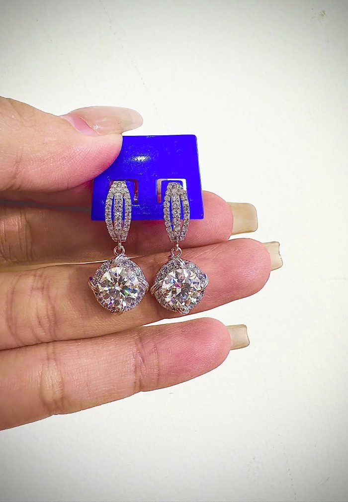 Sterling Silver S950 Platinum-Plated Moissanite 7.5mm Drop Earrings | Elegant Halo Design