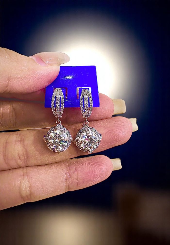 Sterling Silver S950 Platinum-Plated Moissanite 7.5mm Drop Earrings | Elegant Halo Design