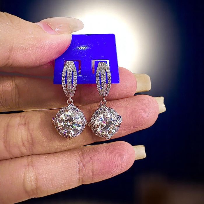 Sterling Silver S950 Platinum-Plated Moissanite 7.5mm Drop Earrings | Elegant Halo Design