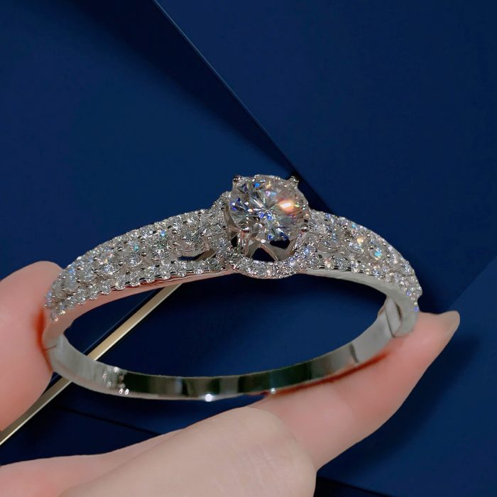 Sterling Silver S950 Platinum-Plated Moissanite Diamond Bangle Bracelet | 10mm Center Stone | Full Pavé Design