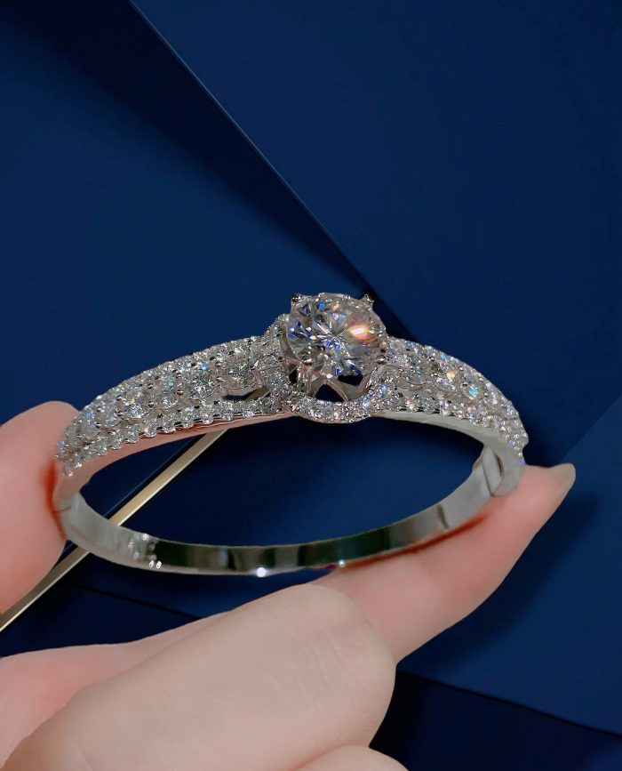 Sterling Silver S950 Platinum-Plated Moissanite Diamond Bangle Bracelet | 10mm Center Stone | Full Pavé Design
