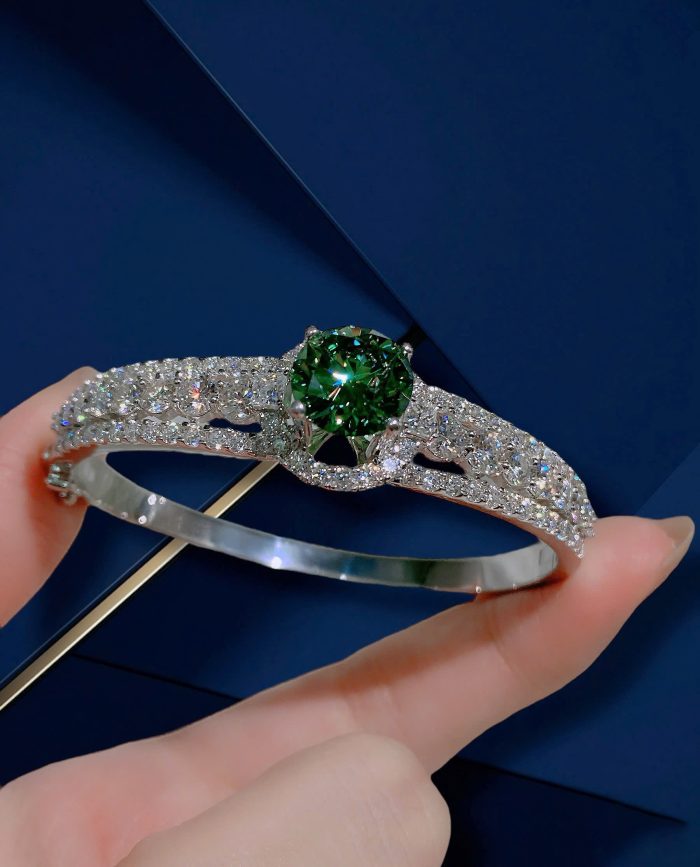 Sterling Silver S950 Platinum-Plated Moissanite Diamond Bangle Bracelet | 10mm Center Stone | Full Pavé Design