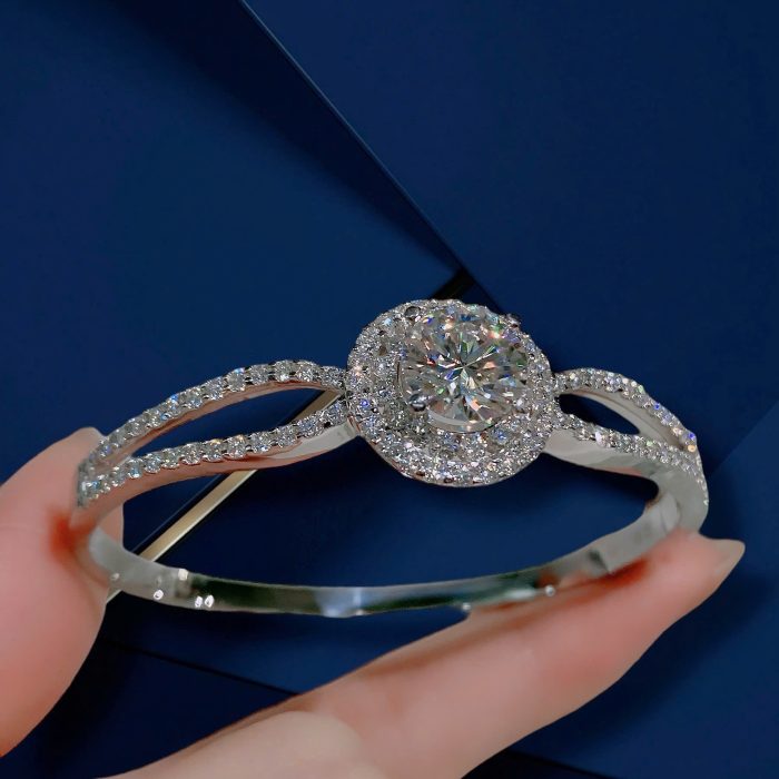 Sterling Silver S950 Platinum-Plated Moissanite Diamond Bangle Bracelet | 9mm Center Stone | Full Pavé Design
