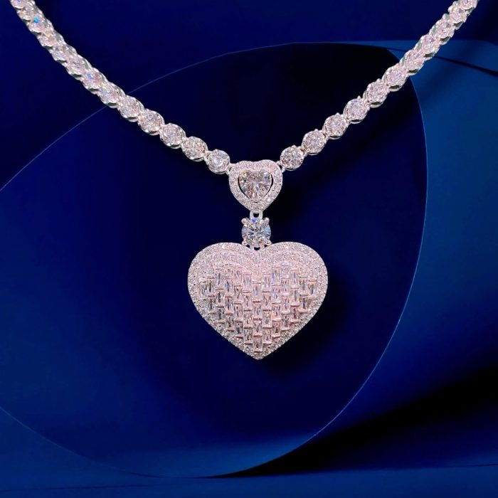 Luxury Heart-Shaped Diamond Necklace – Elegant Baguette & Round Cut Pendant Jewelry